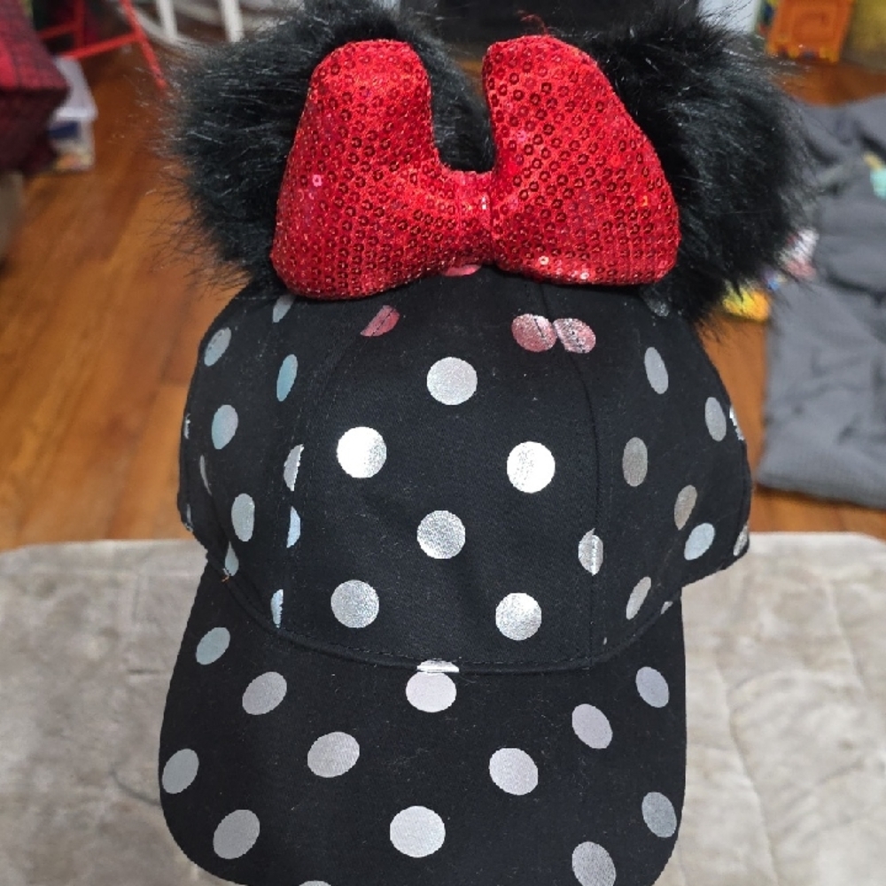 NWT Disney Parks Womens Minnie Mouse Hat Black/Silver Dots Poms Bow Adjustable